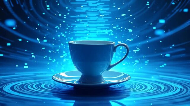 White coffee cup on saucer surrounded by glowing blue digital waves, elegant porcelain teacup emitting neon light ripples and floating data particles in futuristic dark background