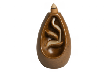 Ceramic backflow incense burner creating smoke waterfall on transparent background