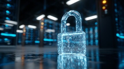 Futuristic glowing digital padlock icon over blurred server room background, cyber security and data protection concept
