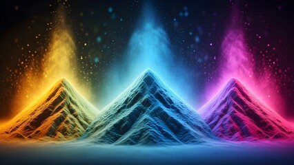 Vibrant triangular peaks with colorful aurora light beams