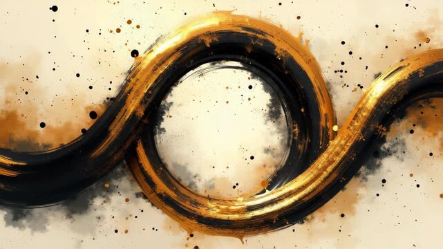 Dynamic black and gold enso circle with expressive brush strokes and ink splatters on textured beige background, concept of zen meditation, japanese art, minimalist wall decor.