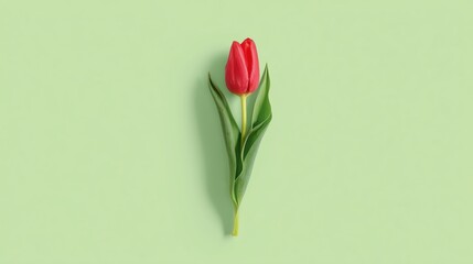 A single red tulip with soft pink edges stands on a pale mint backdrop.