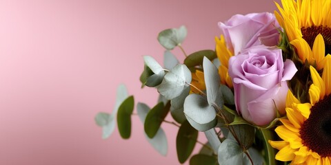 Pink Rose And Sunflower Bouquet With Eucalyptus Against Soft Pink Background