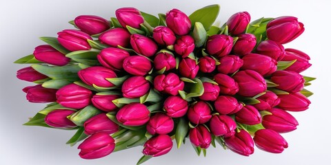 Bright Pink Tulip Bouquet With Green Leaves, Fresh Spring Floral Arrangement