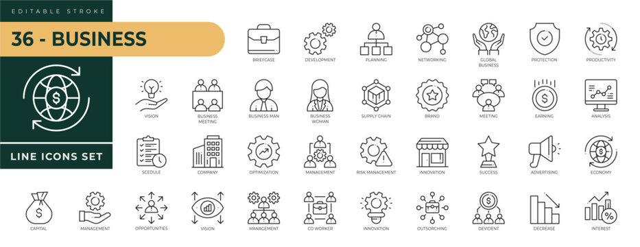 A collection of Business icons set with editable stroke, including Briefcase, development, optimization, innovation, outsourching, brand, networking, risk management. Thin linear vector illustration
