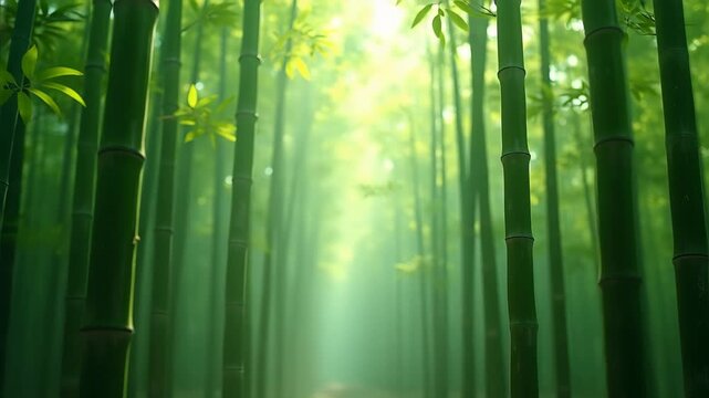 Lush green bamboo forest with tall stalks and fresh leaves bathed in soft sunlight, serene grove creating natural tunnel of verdant foliage, peaceful zen atmosphere scene 