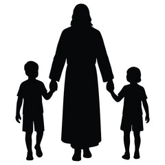 Silhouette of a person holding hands with two children against a white background