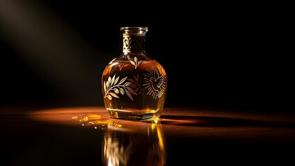 Dark still life of sacred oil bottle with reflections