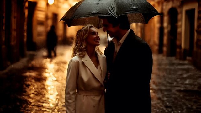 Paris, France, Europe. A man and a woman standing under an umbrella in an urban setting during what appears to be a rainy evening.