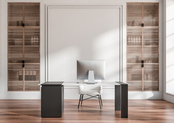 Modern office interior with minimalist desk, computer, and wood cabinets, realistic style, bright white wall background, concept of workspace design, 3D Rendering
