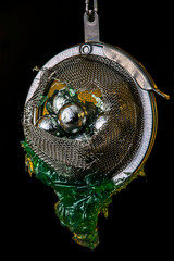 Brewing green tea in an industrial aesthetic, a surrealistic concept