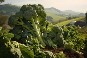 Broccoli plants thriving in an agricultural field with rolling hills in the background