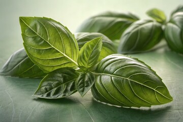 Fresh Basil Leaves with Visible Veins, Showcasing Natural Green Texture and Culinary Appeal