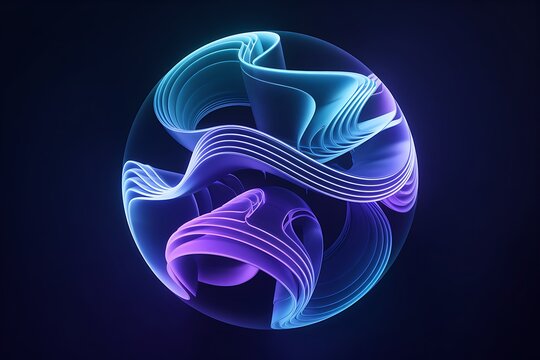 Vibrant 3d sphere of purple and blue waves and glowing particles. Abstract technology concept, Artificial Intelligence, engineering, big data, machine learning. Glowing energy orb on black.