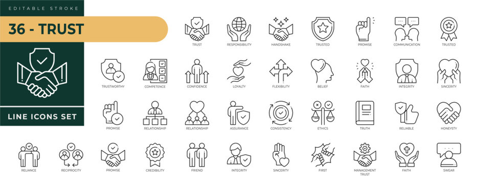 A collection of Trust icons set with editable stroke, including responsibility, belief, friend, loyalty, sincerity, first, promise, credibility, fath, truth, handshake. Thin linear vector illustration