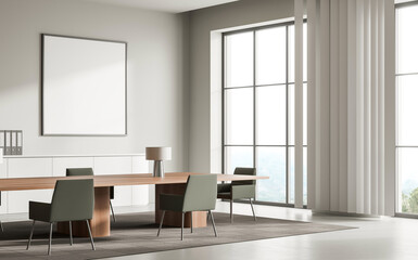 Fototapeta premium Contemporary office interior with a blank poster frame on the wall, minimal design style, bright background with large windows, concept of clean workspace. 3D Rendering