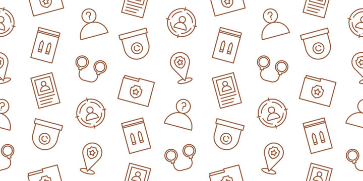 Seamless detective and criminal investigation pattern with linear icons of handcuffs, evidence files, suspect profile, location pin, and police badge. Vector background for law and justice