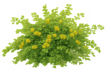 Yellow flowering green bush, blooming garden shrub, vibrant plant foliage with fresh leaves, transparent background
