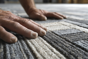 Carpet tile installation close up showing hands pressing down on textured gray and beige woven floor tiles, highlighting detailed pattern and craftsmanship in commercial setting