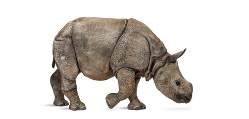 Indian rhinoceros walking isolated on white background © Eric Isselée