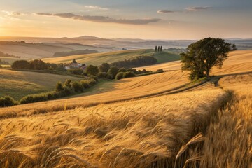 Golden wheat field gently moving in the wind during a serene sunrise, showcasing rural agriculture.
