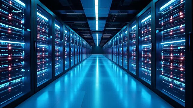 Server room corridor with blue lighting, rows of computer racks with glowing indicators, modern data center infrastructure, futuristic technology facility, cloud computing