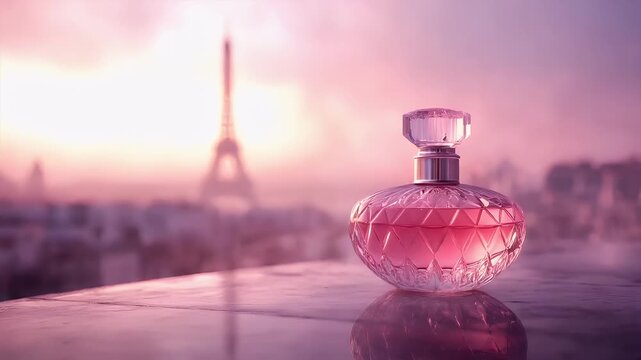 Paris, France, Europe. A closeup of a perfume bottle against a serene sunset backdrop with the Eiffel Tower in the distance. The bottle is pink with a diamond patterned design and a silver cap.