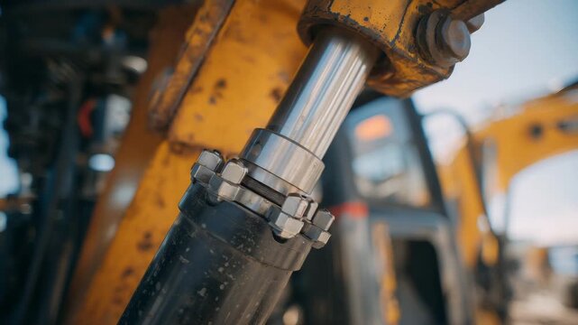 9Hydraulic hoses stretched across a yellow crane arm, gleaming metal joints, close-up illustrating energy transfer, industry, and construction engineering