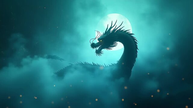 Majestic chinese dragon silhouette emerging from misty clouds, powerful mythical creature coiled in ethereal teal fog with dramatic backlighting and glowing aura, Chinese new year