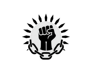 Black  Power Fist Emblem hand icon with Broken Chains Symbol of Freedom fare, Protest and Liberation on white background.