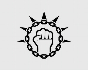 Black line art Power Fist Emblem hand icon with Broken Chains Symbol of Freedom fare, Protest and Liberation on white background.