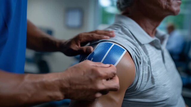 10Detailed image of kinesiology tape being stretched and snapped into place during a shoulder rehab session, modern physiotherapy clinic with blue-and-white color palette and clinica