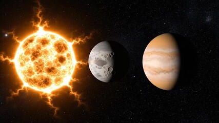 the sun, moon, and Jupiter in a stunning celestial alignment in space . use as multipurpose tittle intro, background. product mockup. motion graphics background