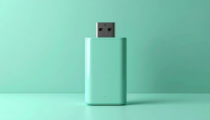 Minimalist USB Drive on Mint Green Background for Data Storage.