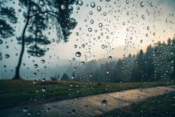 Rain droplets on a glass surface with a blurred natural landscape and forest background