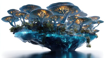 Mystical Glowing Mushrooms: Captivating fantasy landscape featuring a cluster of luminous, otherworldly mushrooms, illuminated with an ethereal glow and set against a dark background.