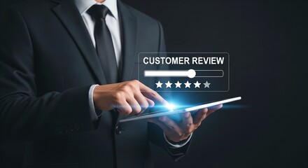 Man in suit uses tablet for customer review rating