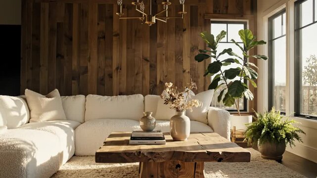 Cozy living room with white sofa and wooden coffee table