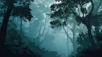 Obraz premium Misty deep jungle forest landscape with tall trees silhouettes in turquoise blue fog