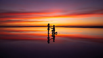 Silhouette of man proposing to woman on water with stunning reflection of vibrant sunset