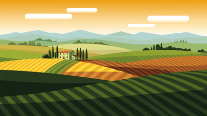 Beautiful Tuscan Landscape Vector Illustration of Rolling Hills, Farmland, and a Villa with Cypress Trees Under a Warm Sky © PDWN Creative
