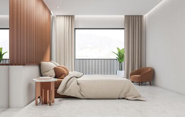 Fototapeta premium Contemporary bedroom interior with beige bedding, brown furniture, potted plants, and large window on white background. Elegant minimalist design. 3D Rendering