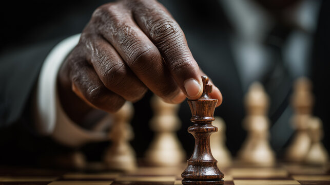 Close-up of an African American businessman's hand moving the queen chess piece on his board, symbolizing strategic thinking and determination.