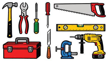 Various carpentry tools neatly arranged on a clean white background showcasing different hardware equipment