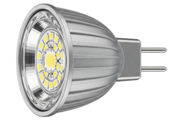 Silver LED spotlight bulb with yellow diodes for energy saving on a transparent background