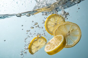 Vibrant lemon slices suspended in clear water with rising bubbles, evoking refreshment and natural zest