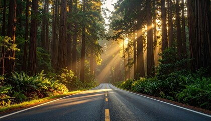Sunlit Road Through Redwood Forest - A Scenic Drive.