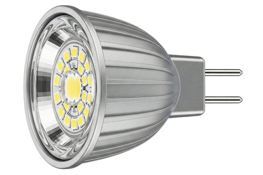 Silver LED spotlight bulb with yellow diodes for energy saving on a transparent background