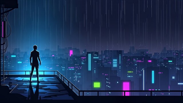 Man Standing on Rooftop at Night with Cityscape. - Powered by Adobe