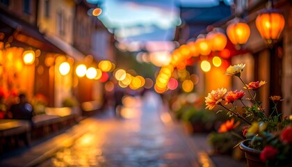 Enchanting Streetscape - Lanterns Illuminate a Blurred Urban Scene.